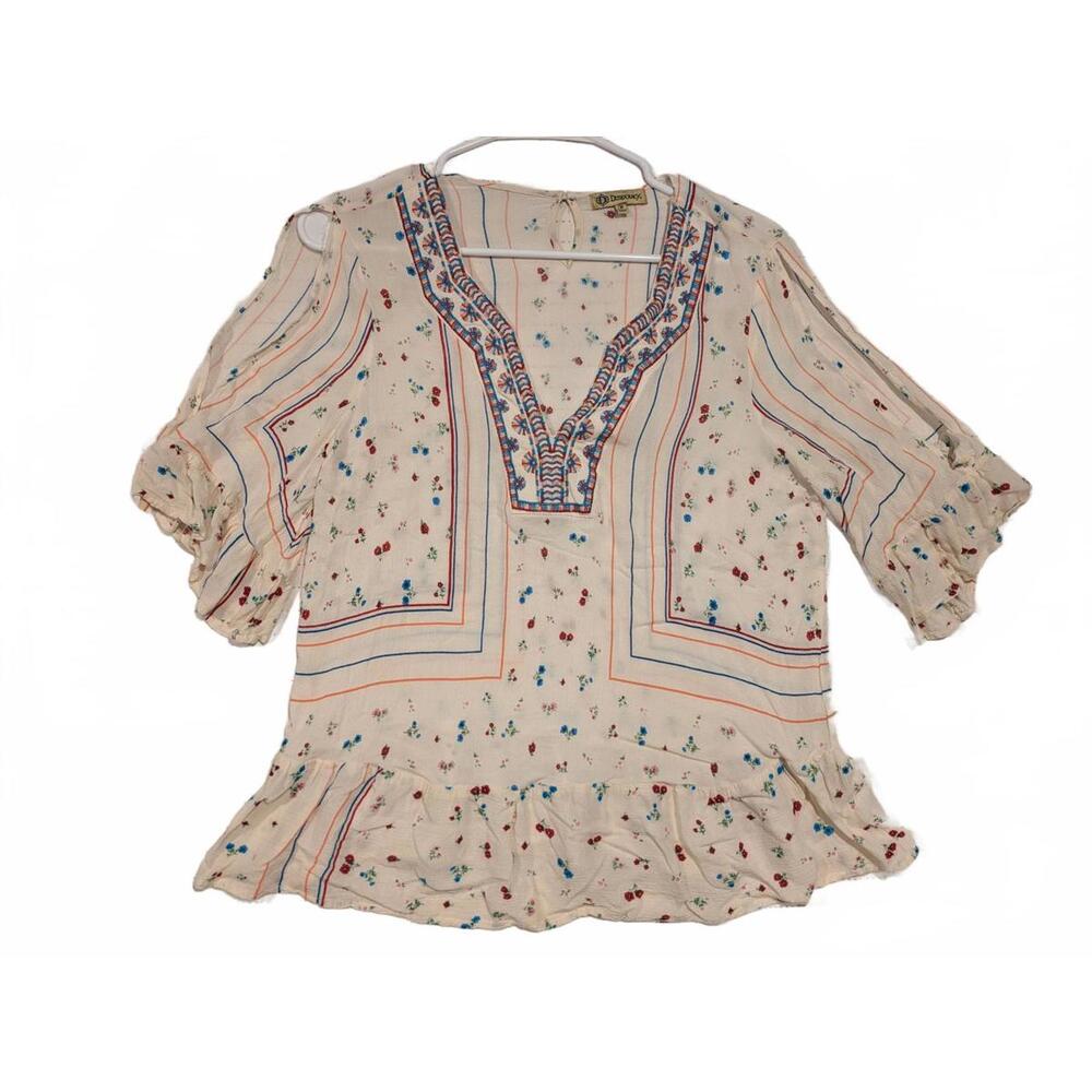 Democracy Chic Floral Embroidered Blouse with Ruffle Hem Womens Medium Rayon
